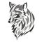 The silhouette, contour of the muzzle of a wolf of gray color on a white background is drawn with various widths of lines
