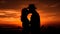 Silhouette of a couple embracing in the back lit sunset generated by AI