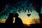 Silhouette of couple in love kissing at sunset