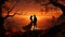 Silhouette of a couple of newlyweds in love at sunset against the background