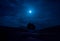 Silhouette of couple sitting on a roof under a full moon