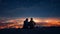 A silhouette of a couple sitting on the top of a hill and watching a night city skyline below, under a dark starry sky.