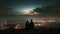 A silhouette of a couple sitting on the top of a hill and watching the night city skyline below, under a dark starry sky.