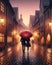 A Silhouette Couple Walking Strolling Evening City Street Raining Red Umbrella AI Generated