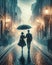 A Silhouette Couple Walking Strolling Evening City Street Raining Umbrella AI Generated