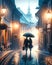 A Silhouette Couple Walking Strolling Evening City Street Raining Umbrella AI Generated