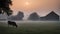 Silhouette of a cow grazing in the meadow