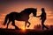 Silhouette of a cowboy near his horse, stand side by side at sunset. AI generated