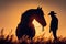 Silhouette of a cowboy near his horse, stand side by side at sunset. AI generated