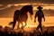 Silhouette of a cowboy near his horse, stand side by side at sunset. AI generated