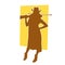 Silhouette of a cowgirl in pose wearing long coat holding rifle weapon.