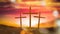 Silhouette cross on Calvary mountain sunset Easter concept 3d rendering