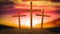 Silhouette cross on Calvary mountain sunset Easter concept 3d rendering