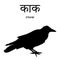 Silhouette of a crow with an inscription in Sanskrit and in English. Isolated. Vector illustration