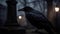 Silhouette of crow perching on branch in spooky moonlight generated by AI