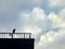 Silhouette of a crow showing profile perched on a metal railing against background of beautiful cloud formations