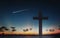 Silhouette of crucifix cross at sunset time and night sky with shooting star background