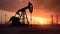 Silhouette of Crude oil pumpjack rig on desert silhouette in evening sunset, energy industrial machine for petroleum gas