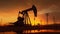 Silhouette of Crude oil pumpjack rig on desert silhouette in evening sunset, energy industrial machine for petroleum gas