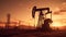 Silhouette of Crude oil pumpjack rig on desert silhouette in evening sunset, energy industrial machine for petroleum gas