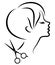 Silhouette of a cute lady. The girl shows a hairstyle on medium and short hair and scissors. Suitable for logo, hairdresser