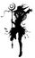 The silhouette of a cute but sinister sorcerer girl with a crescent-shaped staff, drawn in anma style. 2D