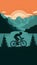 Silhouette of cyclist riding bike through mountains, adventure journey