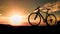 Silhouette of cyclists with bicycles at sunset