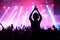 silhouette of a dancing crowd in front of a stage in pink light