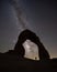 Silhouette of Delicate Arch and a hiker under the Milky Way Galaxy