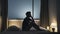 Silhouette depressed man sadly sitting on the bed in the bedroom in the night