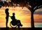 Silhouette of disabled person with a guardian