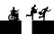 Silhouette of a disabled worker in a wheelchair stopped before an abyss and healthy workers jump over the abyss and run on