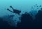 Silhouette of diver, coral reef and underwater