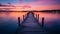 Silhouette of dock, tranquil sunset, reflecting on calm water generated by AI