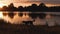 silhouette of a dog jumping on the background of the lake