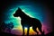 The silhouette of dog is silhouetted against colorful sky. Generative AI