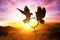 Silhouette of dove holding branch in Venus symbol shape flying on sunset sky