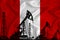 Silhouette of drilling rigs and oil derricks on the background of the flag of Peru. Oil and gas industry. The concept of oil