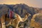 Silhouette dromedar camel on the background of the mountain of St. Moses, Egypt, Sinai