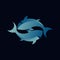 Silhouette duo fish sharks in blue on a black background. Design for logo, decor, pictures, oceanarium, emblem, mascot, symbol