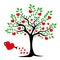 Silhouette of an ebony with green leaves and red hearts. Love tree. Greeting card for Valentine`s Day