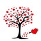 Silhouette of an ebony with red hearts. Love tree. Greeting card for Valentine`s Day