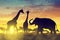 Silhouette elephant and giraffes on the savannah