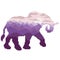 Silhouette of an elephant with a pattern inside in shades of purple painted squares, pixels