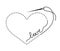 Silhouette of embroidered heart with thread, sewing needle and inscription `love`.