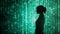 Silhouette Emerges Against Green Binary Backdrop, Symbolizing Virtual Reality Realm Entry (AI-Generated)