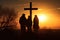 Silhouette of a Family Admiring a Cross at Sunset. Religious Inspiration for Your Designs.