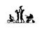 Silhouette of family with cradle baby-carriage and kid on bike