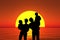 Silhouette family stand on sunset beach, collage